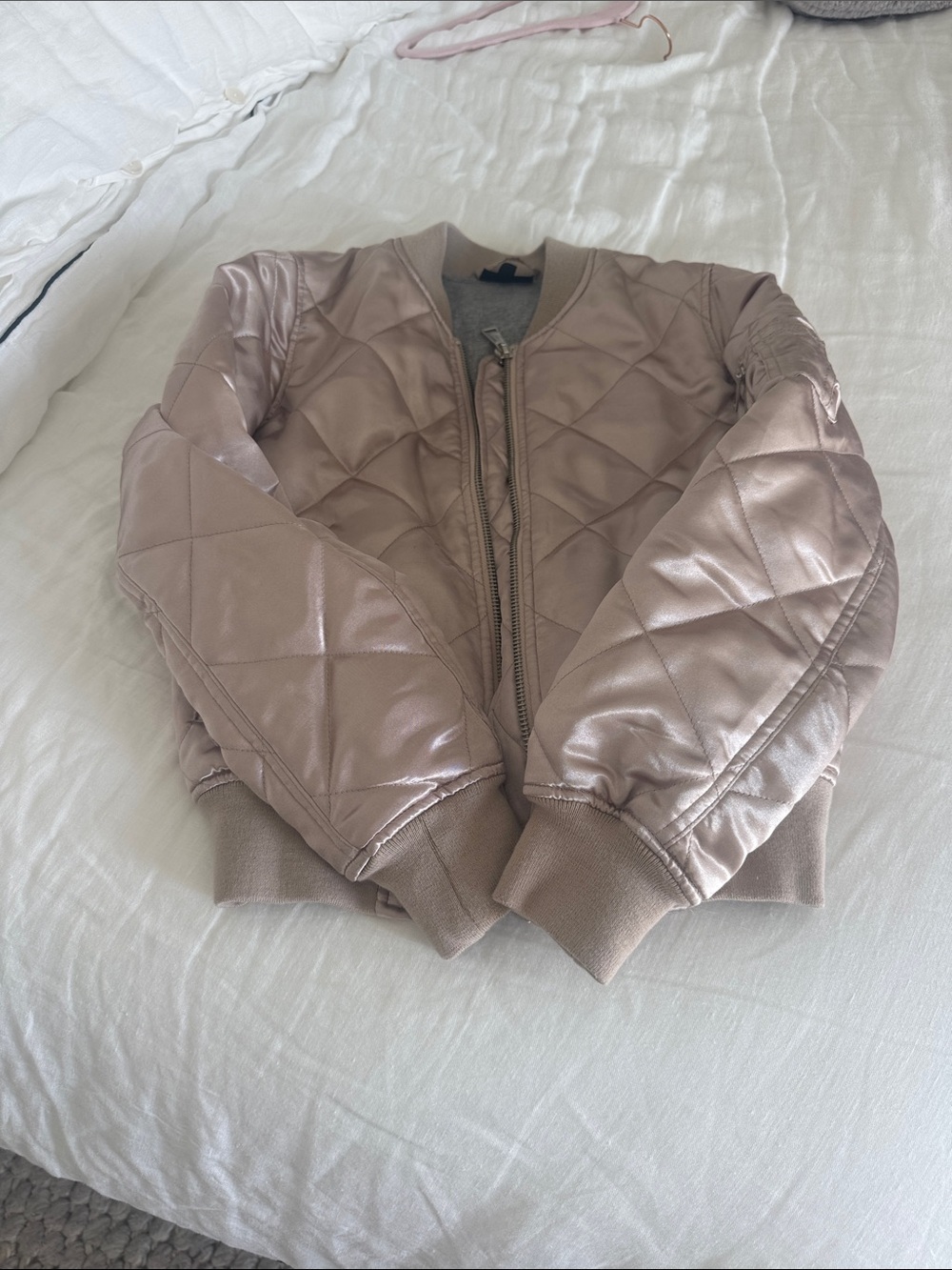 Top Shop Quilted Gold Satin Bomber in Women